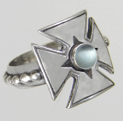 Sterling Silver Woman's Iron Cross Ring With Blue Topaz Size 6